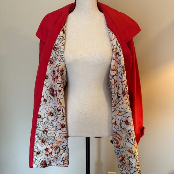 Red Ellen Tracy Trench Coat Jacket With Big Buttons and Floral Lining | Large - Picture 1 of 7